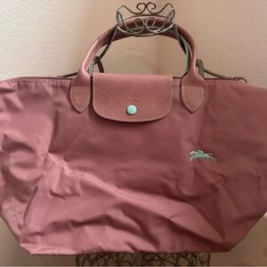 Longchamp Le Pilage Medium Pink with Teal accents